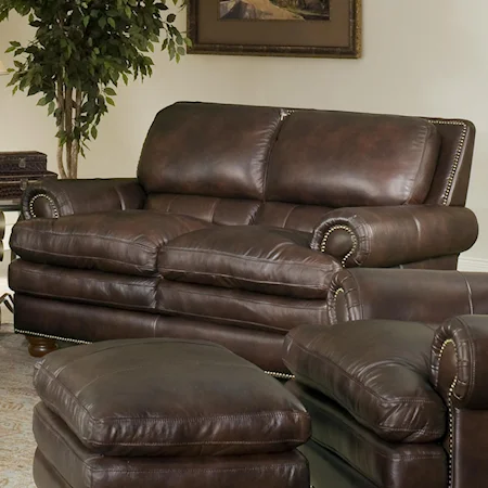 Traditional Leather Loveseat with Nailheads and Bun Feet